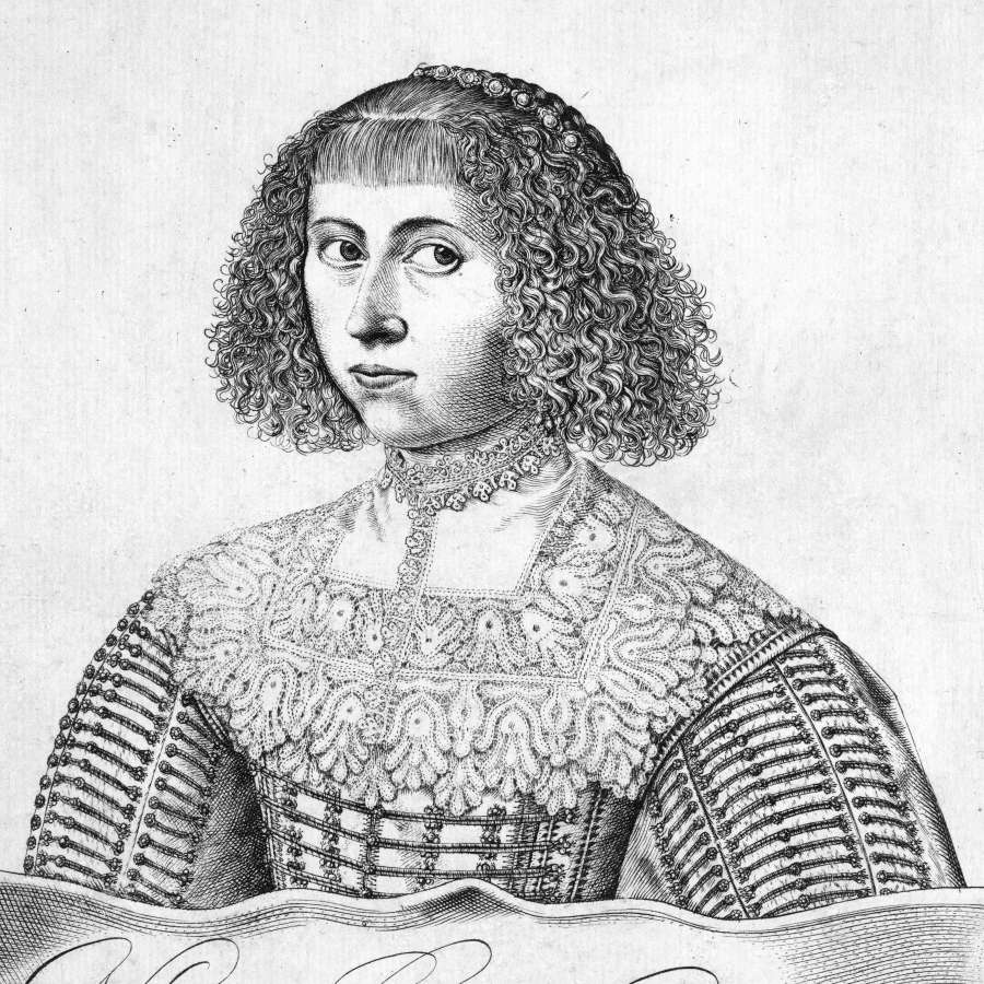 A black and white portrait of a figure dressed in 17th century attire with a lace trimmed dress with a high collar, puffed sleeves, and shoulder length curled hair. 