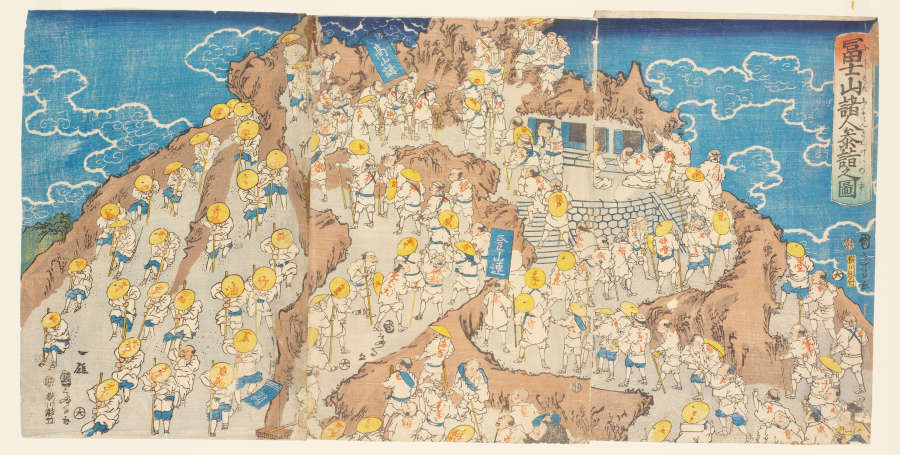 Print of an off-white mountain with brown ridges against a blue sky with white outlined clouds. Many figures wearing yellow hats and blue and white clothing climb towards the peak.