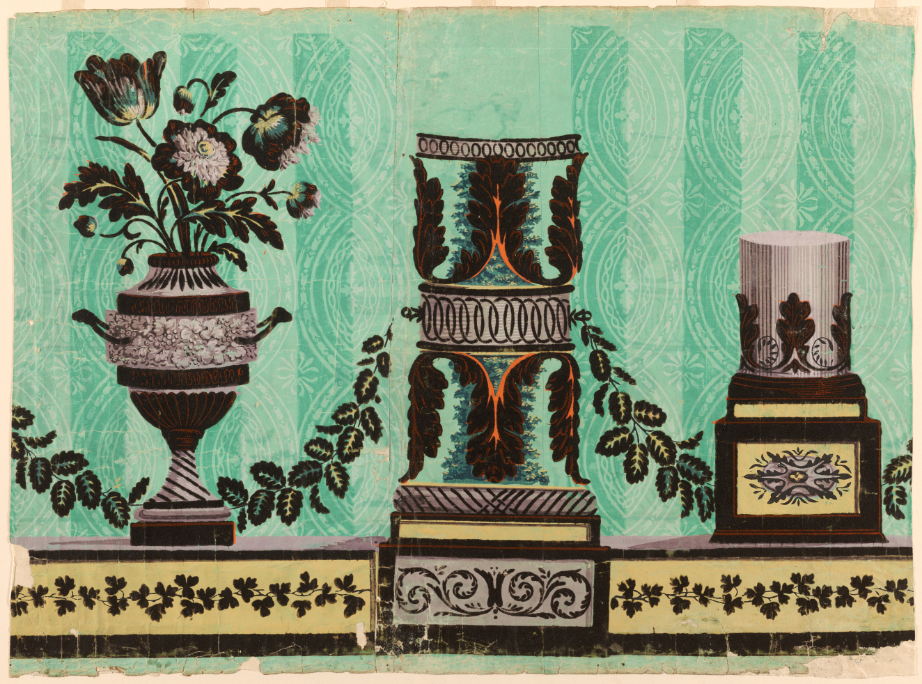 Striped turquoise wallpaper with geometric patterning and three vases: one holding flowers, one with mirrored orange and black feathers on top and bottom, and a yellow and brown cylindrical vase.
