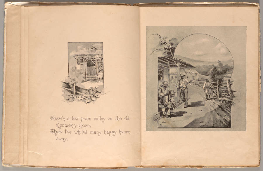 An aged open book with a small illustration and a poetic verse on the left and a larger illustration of people walking in the countryside on the right.