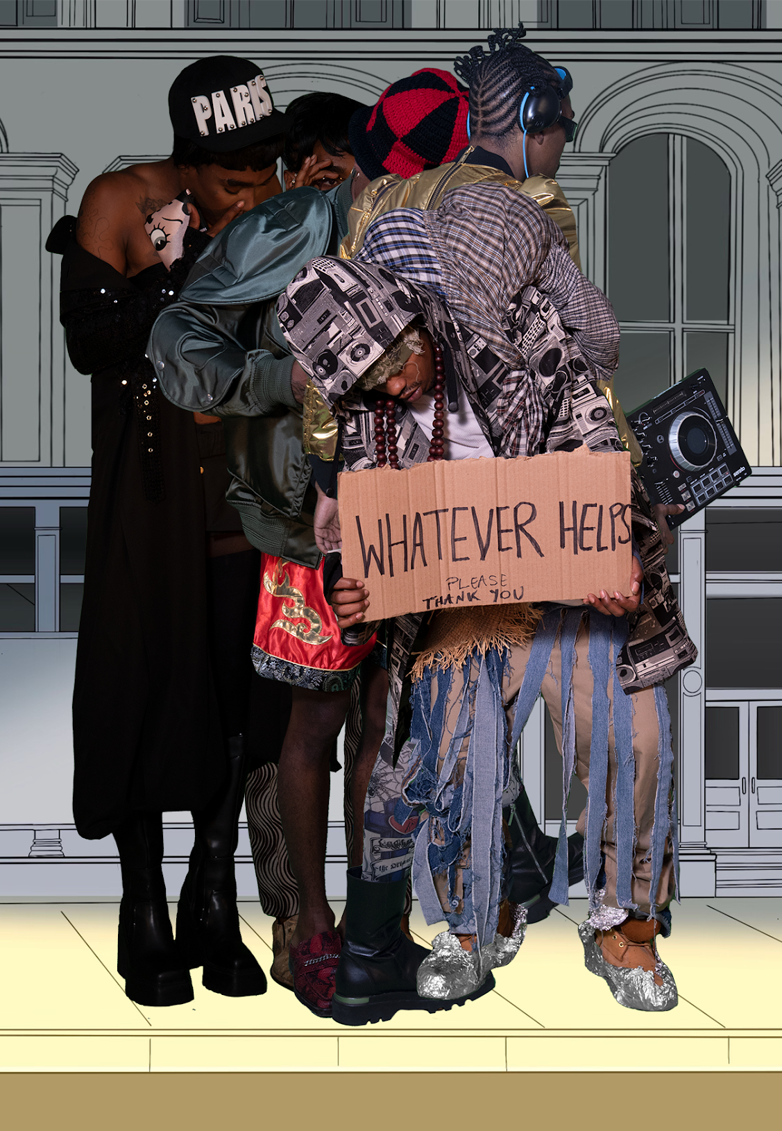 Five Black people, dressed in eccentric clothing, overlapped onto a digitally-drawn cityscape background. The person in front, wearing tan boots wrapped in tin foil, holds a cardboard sign that reads “Whatever Helps. Please. Thank You.”