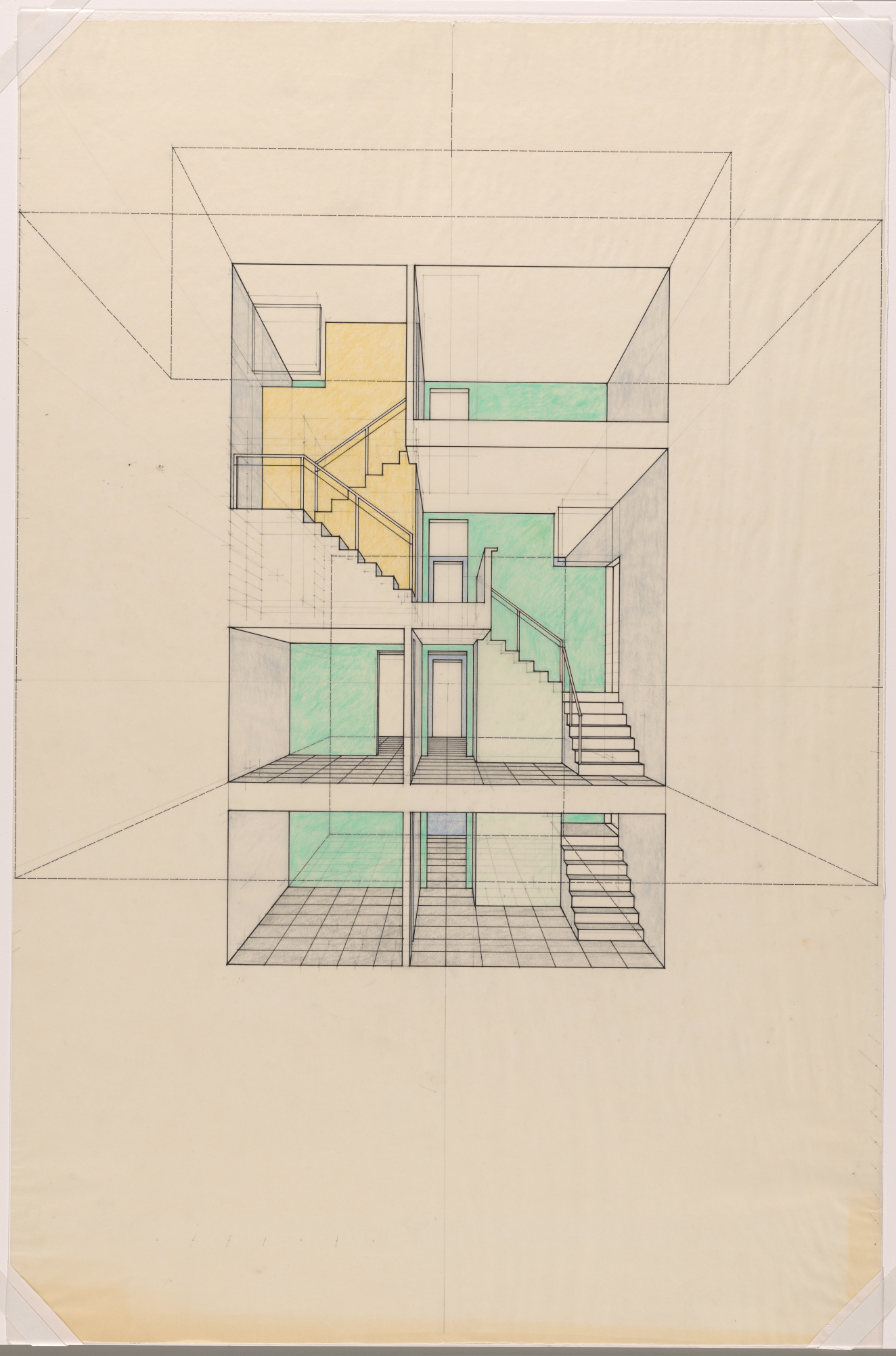 An architectural-style drawing of the interior of a multi-level space, featuring geometric lines detailing staircases, railings, doors, and gridded floors with yellow and mint accent walls.