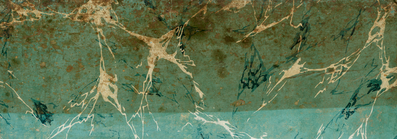 Turquoise wallpaper with granite-like texture made out of thin blue and white jagged, overlapping lines throughout. The upper half of the wallpaper is darker with brown, weathered blemishes.