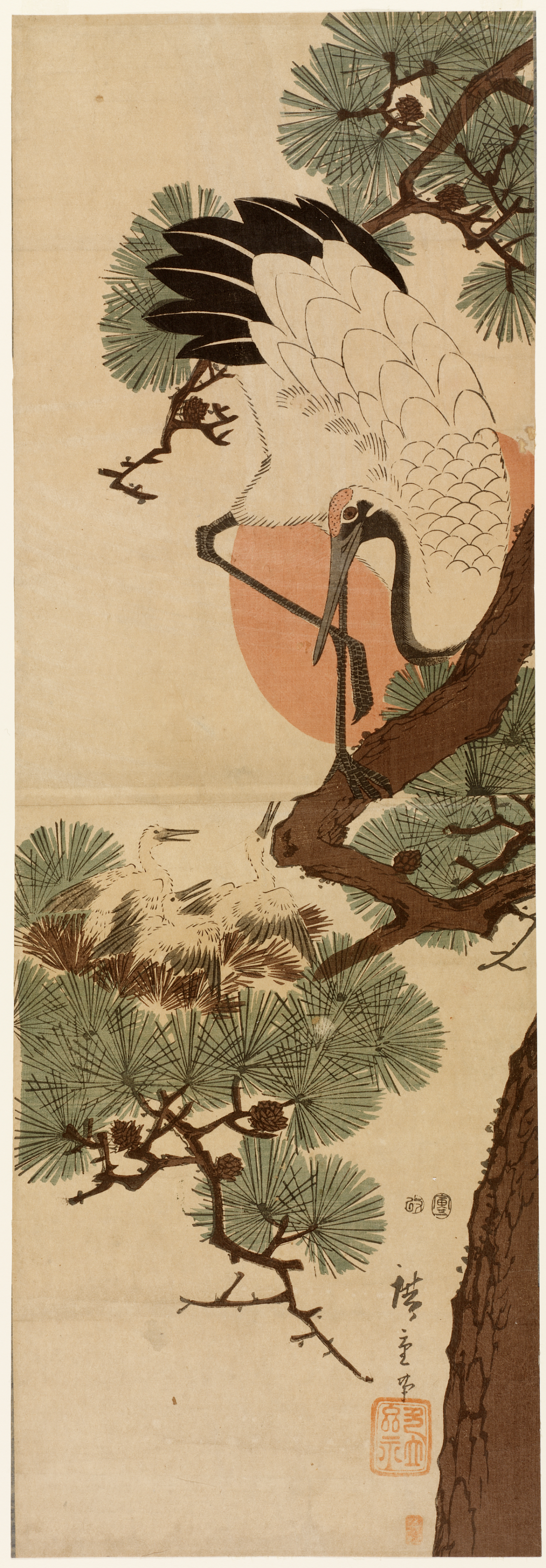 A crane standing on a pine tree above chicks, the nest nestled in the pine needles, with a warm red sun glowing behind.