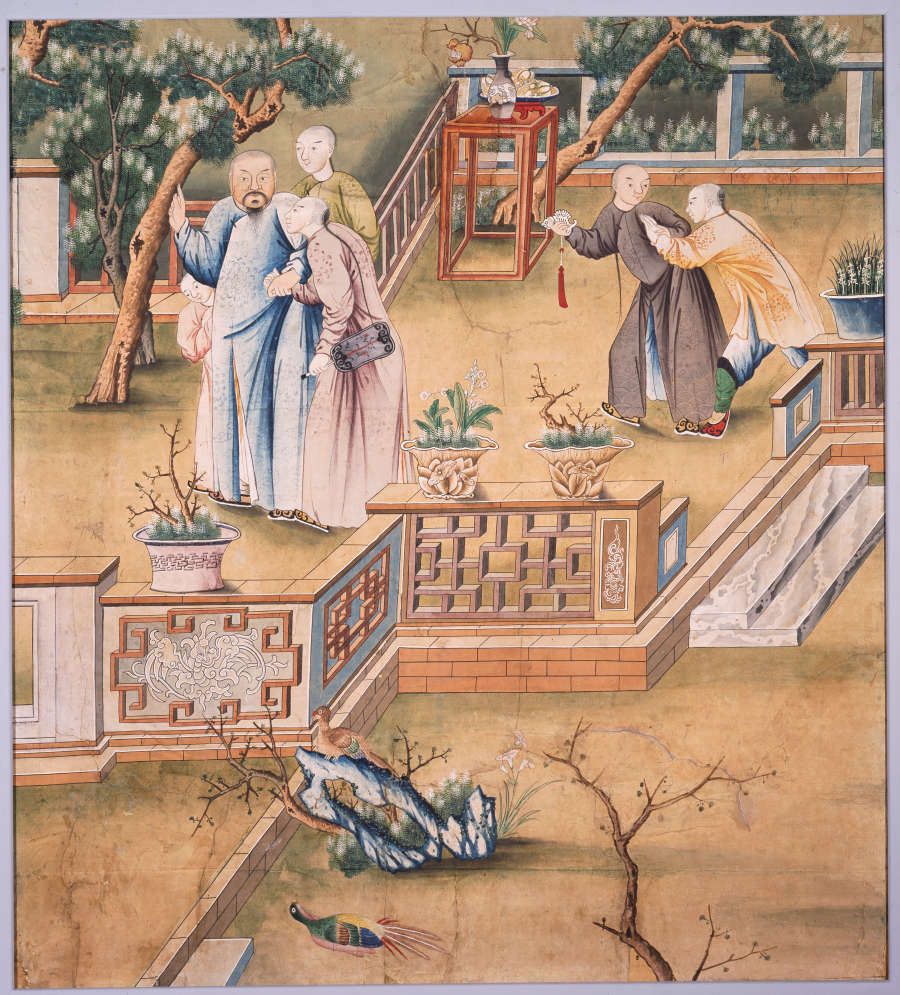 Segment of traditional Chinese wallpaper depicting four people in scholarly attire walking in a serene courtyard. The scene features intricate railings and potted plants, with a peacock in the foreground. 