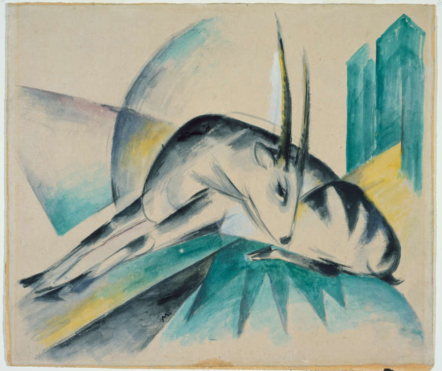 An abstracted representation of an antelope, constructed of multiple expressive black and white brushstrokes. It rests upon a geometric surface of yellow, blue, and green.