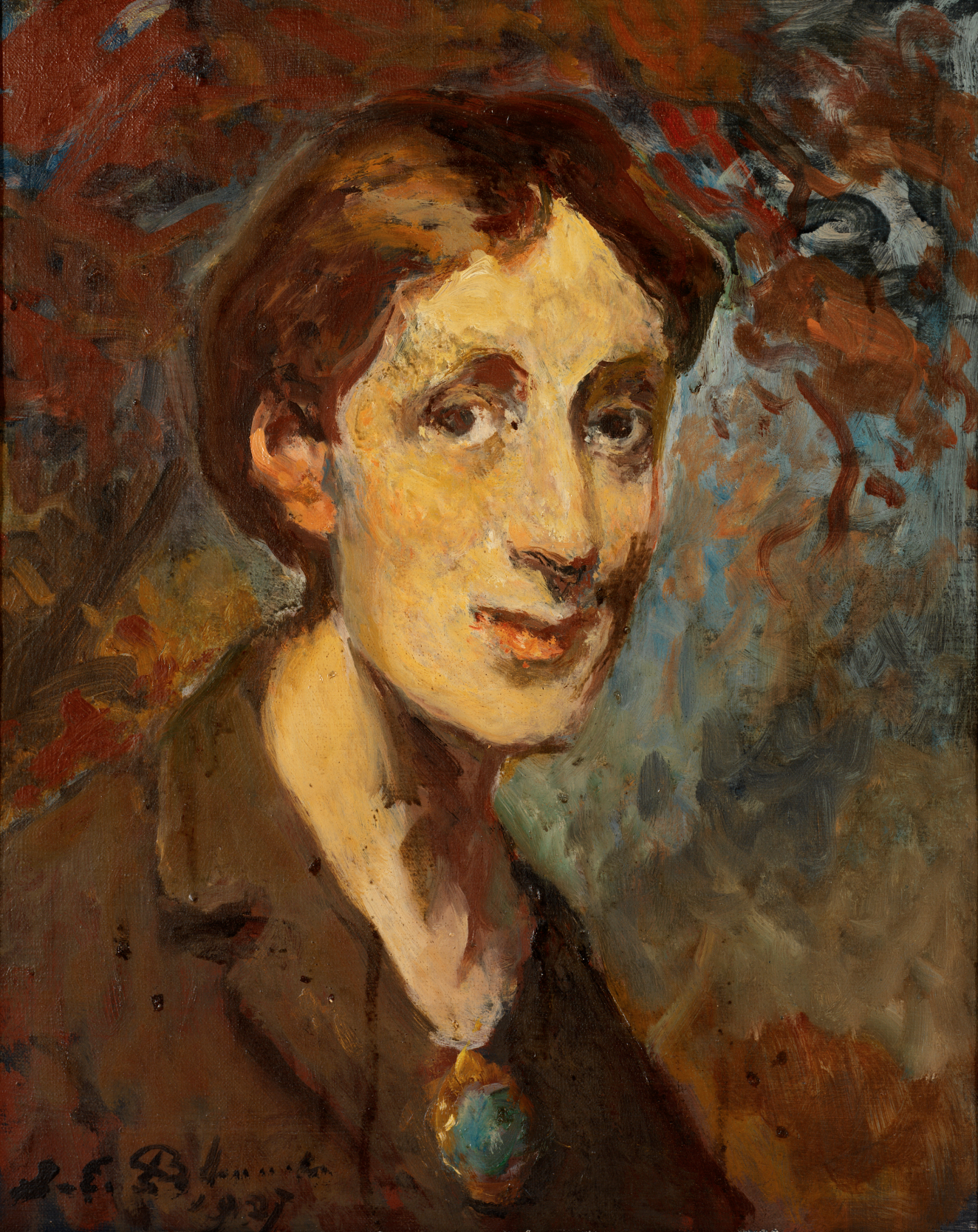 Portrait painted with thick brushstrokes depicting a figure smiling faintly, with pulled back brown hair and pale skin wearing an amulet, surrounded by an abstract orange and blue backdrop.