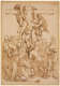 A pen and ink with brown wash gestural drawing of Christ’s body being taken down from the Cross by his followers and Mary. The faceless figures create a pyramid form.