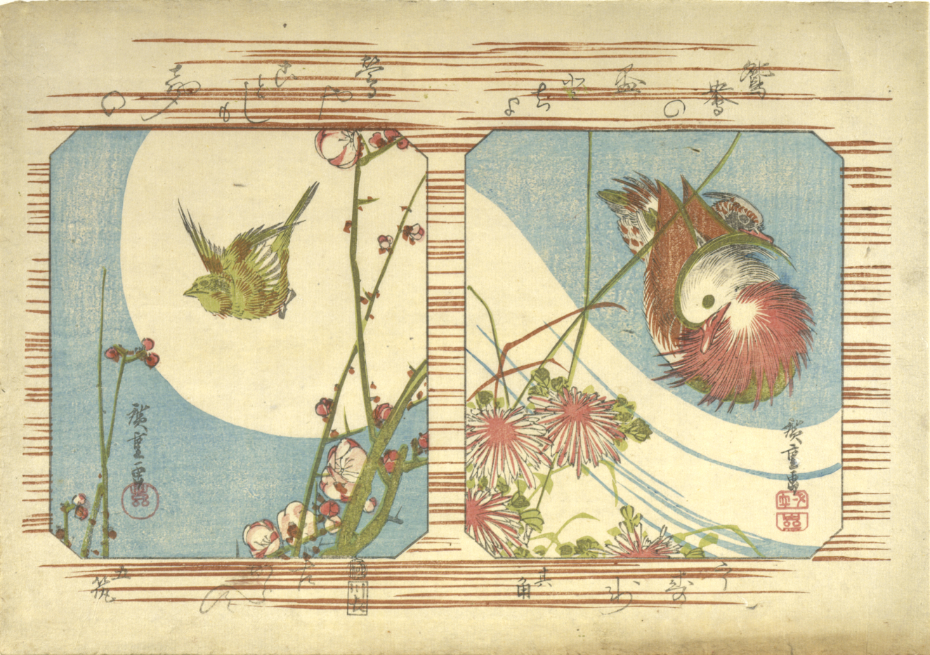 A print with two images, a colorful bird soaring in a blue sky with budding plum blossoms and a duck floating by flowers, on a lined background.