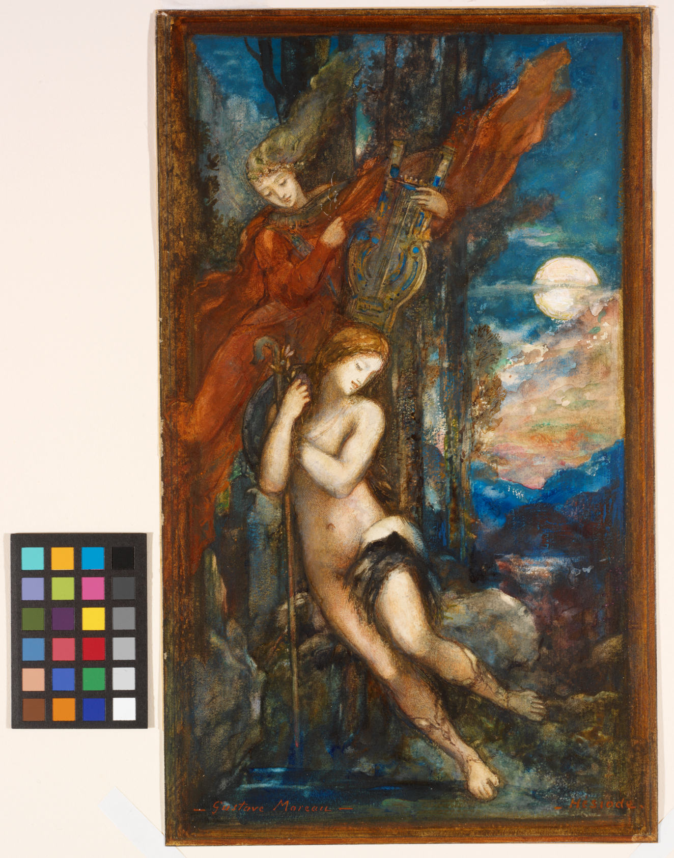 A bold watercolor of two light-skinned Muses descending from a dramatic moon-filled sky, one dressed in orange robes and holding a lyre floats above the unclothed other holding a staff.