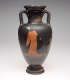 A black ceramic vessel with two twisted handles with a faded orange design of a robed figure, visibly damaged, set against a black background.