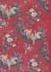 Segment of vintage wallpaper featuring a pattern of bright white swans within idyllic pond scenes. The vignettes are decorated with blue floral motifs on a deep red background.