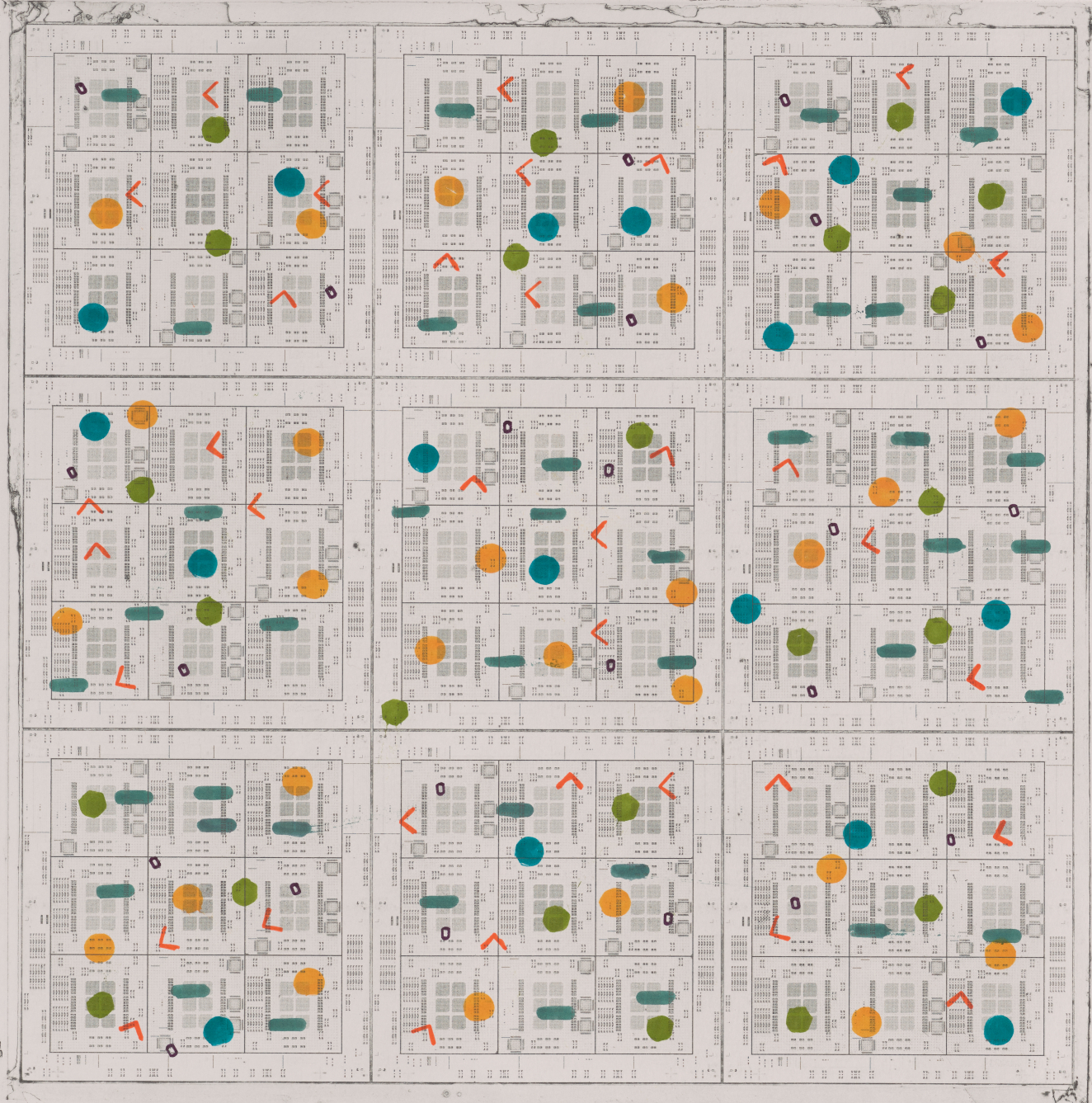 An intricate circuit-like or blueprint-style black-and-white grid with scattered hand-drawn circles, dashes, and arrows in yellow, blue, green, and orange overlaid on top.