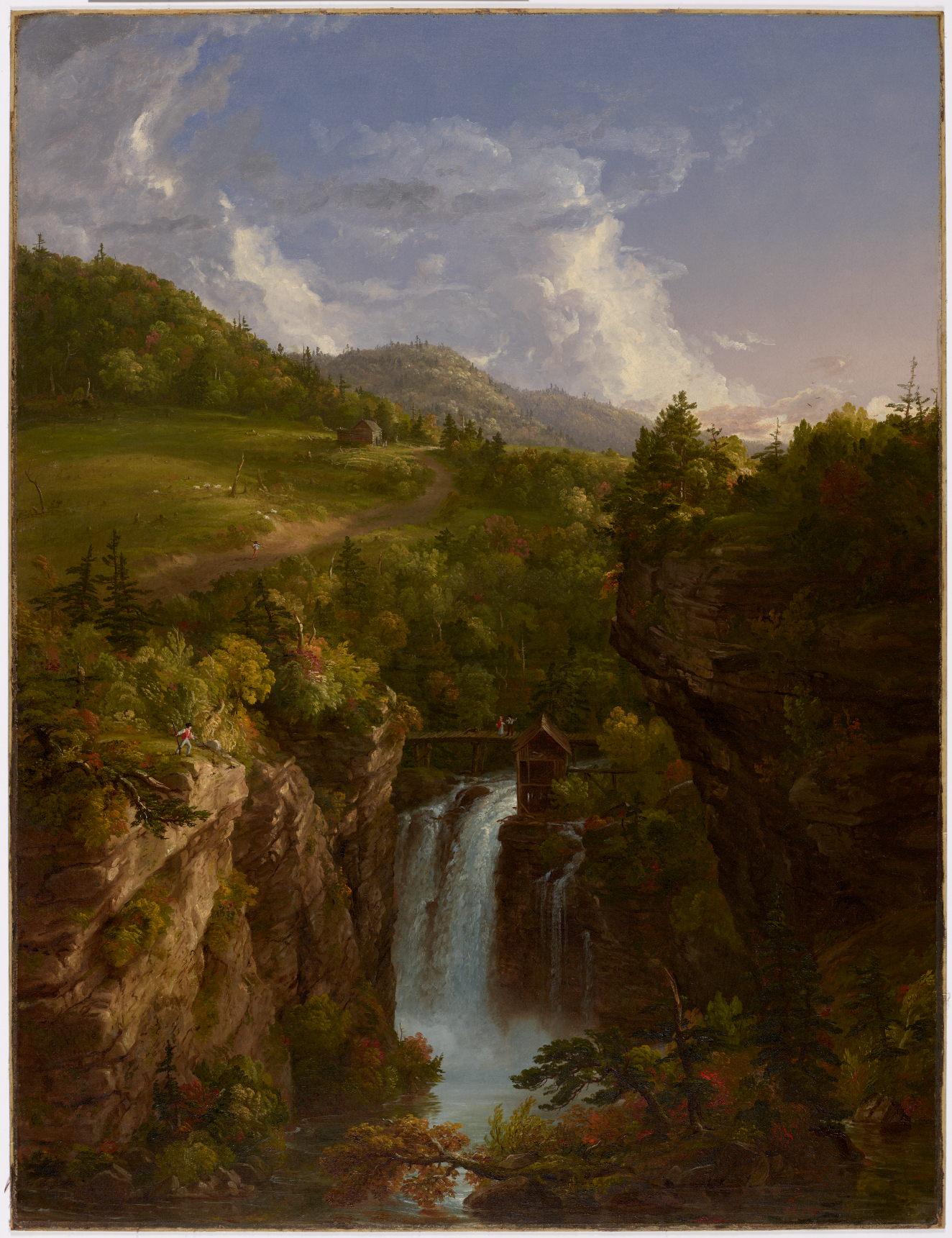 A landscape with a cascading waterfall between rocky cliffs, surrounded by lush greenery, with rolling hills and a dramatic sky.