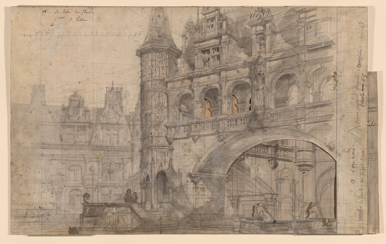 A detailed architectural pencil drawing of a loggia, elaborate staircase, and Renaissance style palace.