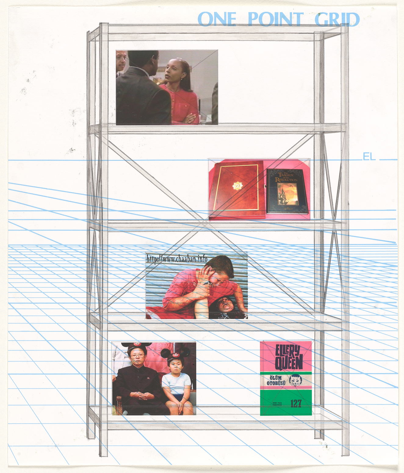 A wireframe bookshelf sketched in a blue “ONE POINT GRID” perspective space, displaying various book covers, and images of people talking, playing, or sitting awkwardly next to each other.