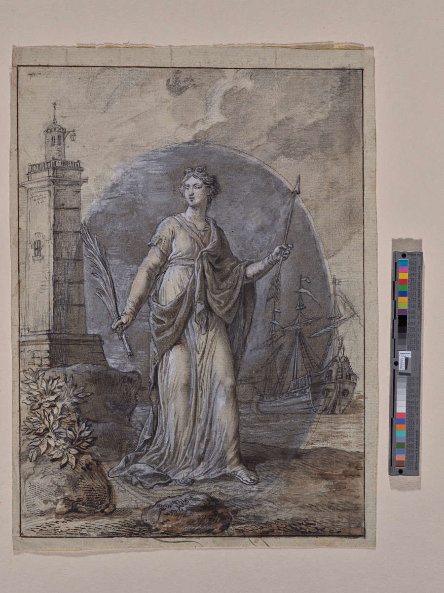 An allegorical draped female figure holding an arrow and an olive branch, gazing at the viewer. She stands in front of a bell tower and ship, surrounded by an oval.