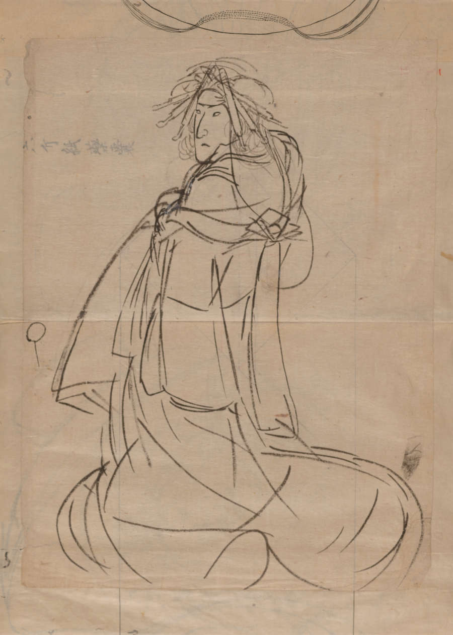 Ink sketch of an elegant figure in a flowing robe and an elaborate headpiece. They are facing away, with their head turned back over the shoulder, towards the viewer.