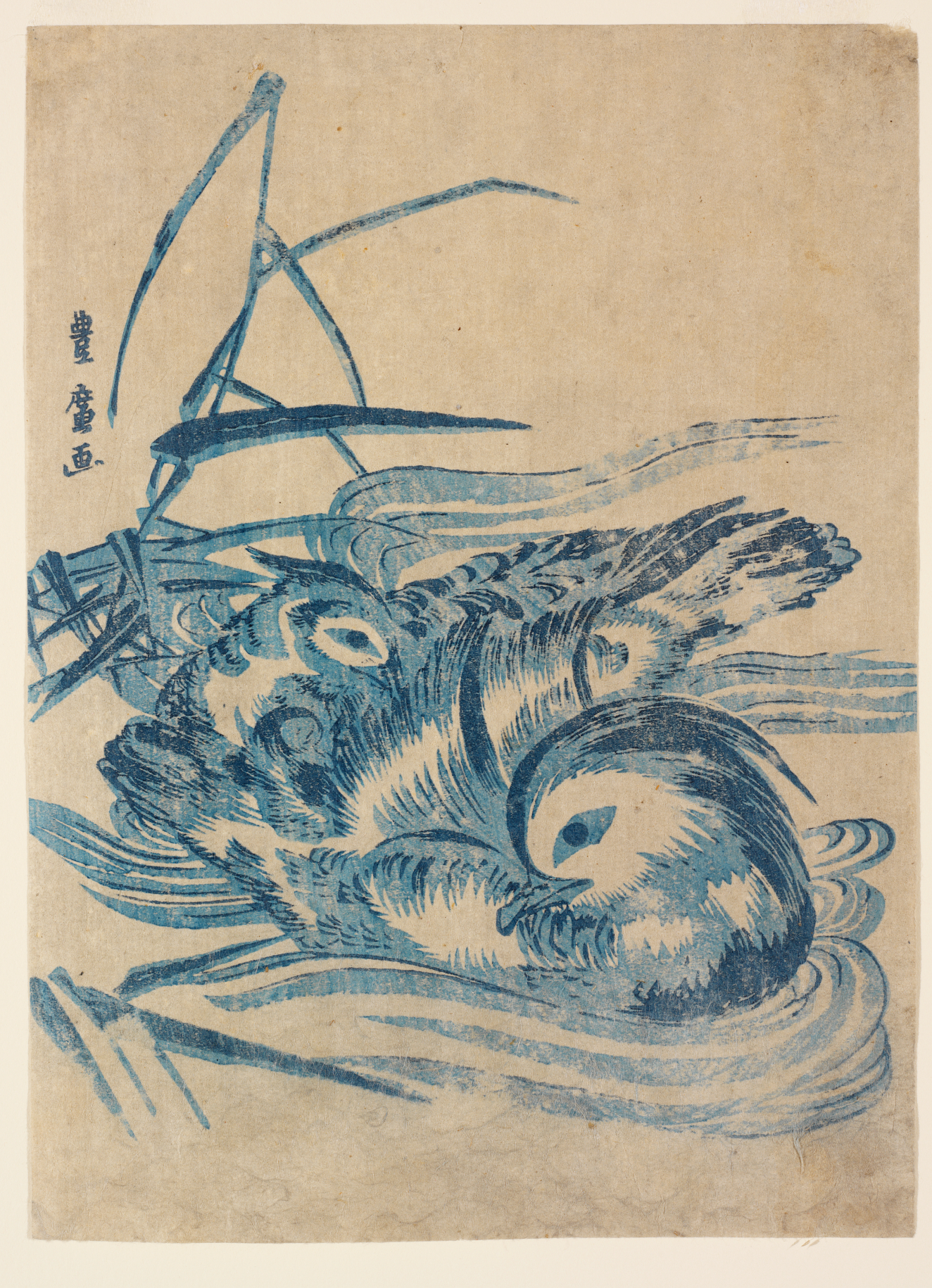 Two ducks huddled together on rippling water among sparse reeds and a single line of vertical calligraphy in monochrome blue tones against a pale beige background. 