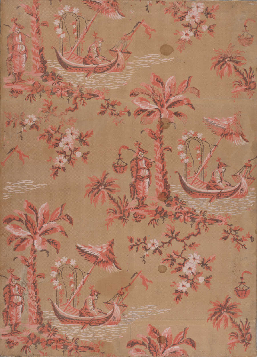 Segment of vintage wallpaper featuring a pattern of tropical scenes with palm trees, people in boats, and flora. The repeat is depicted in a monochrome coral palette with brown accents.