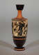 Tall vase with a slender neck. Its tan-orange surface is decorated with black illustrations of a band of robed humans and animals, as well as stripe patterns.