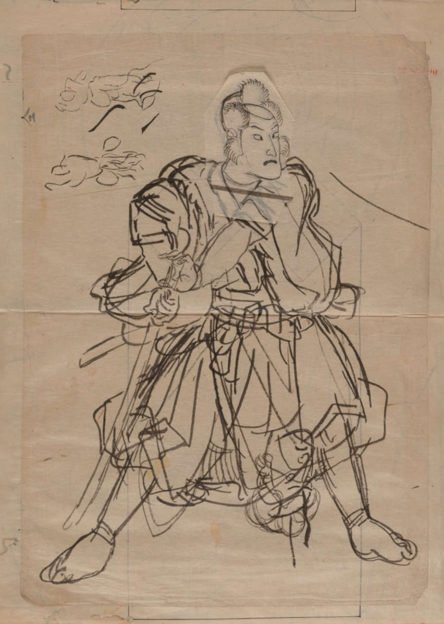 Dynamic sketch of a samurai in a determined stance with a stern look. The male presenting figure wears traditional Japanese armor and holds a katana, looking to the side.