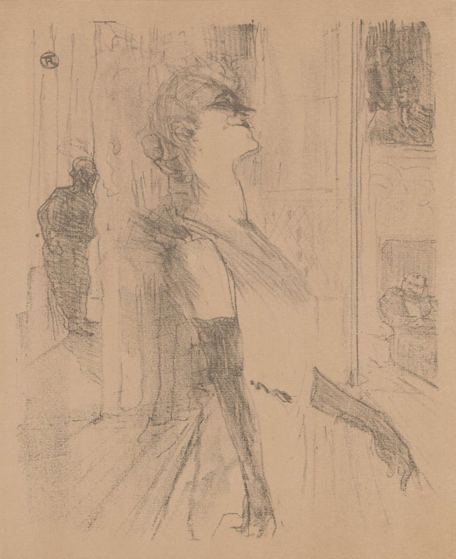 An expressive print of Yvette Guilbert. Wearing long gloves and a dress, her body fades into the stage behind her. To her left is the dark silhouette of another figure.
