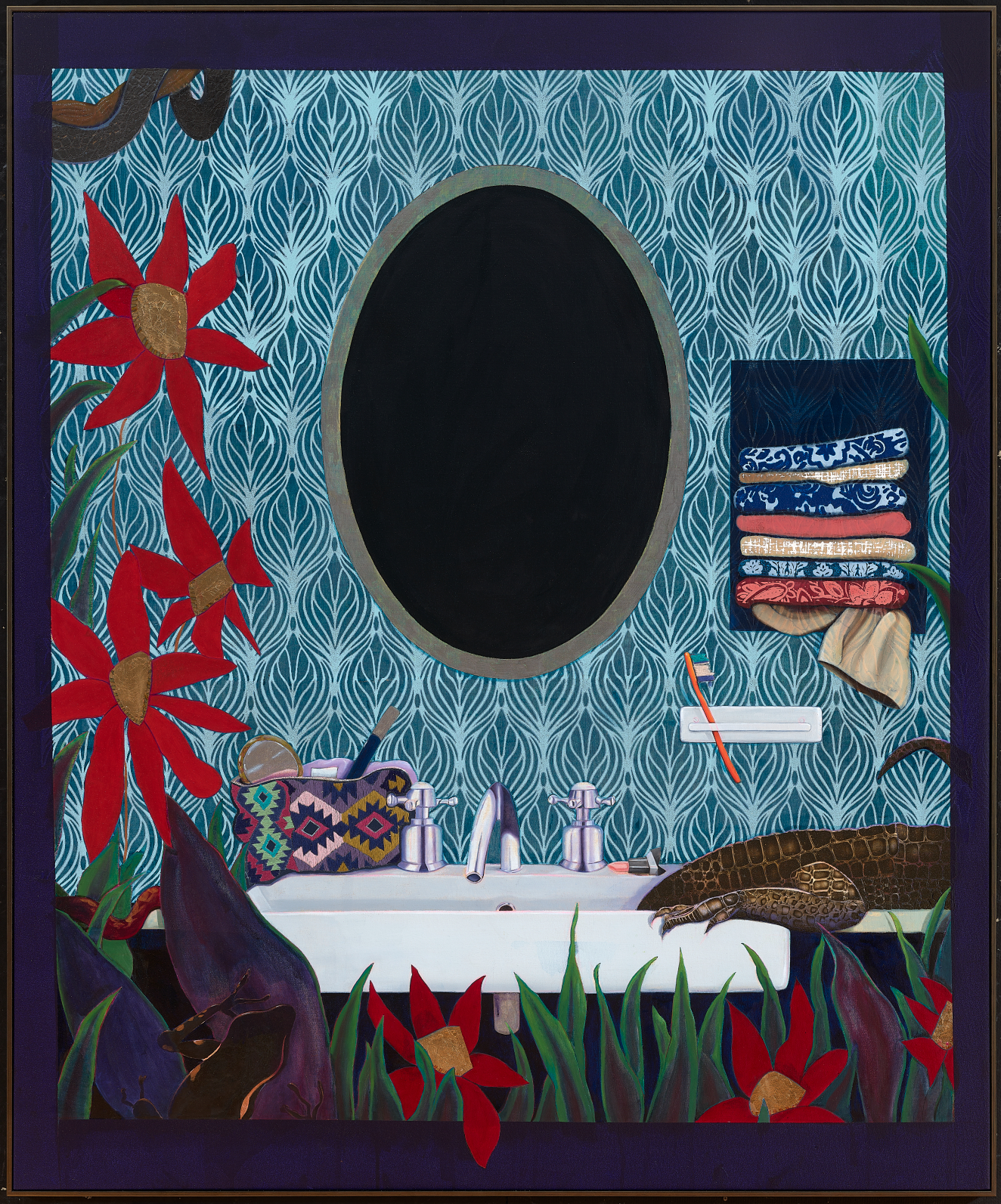 Vibrant painting of a bathroom scene with a black oval mirror, patterned blue wallpaper, folded towels, and red flowers, surrounding a white sink with toiletries scattered atop it. 
