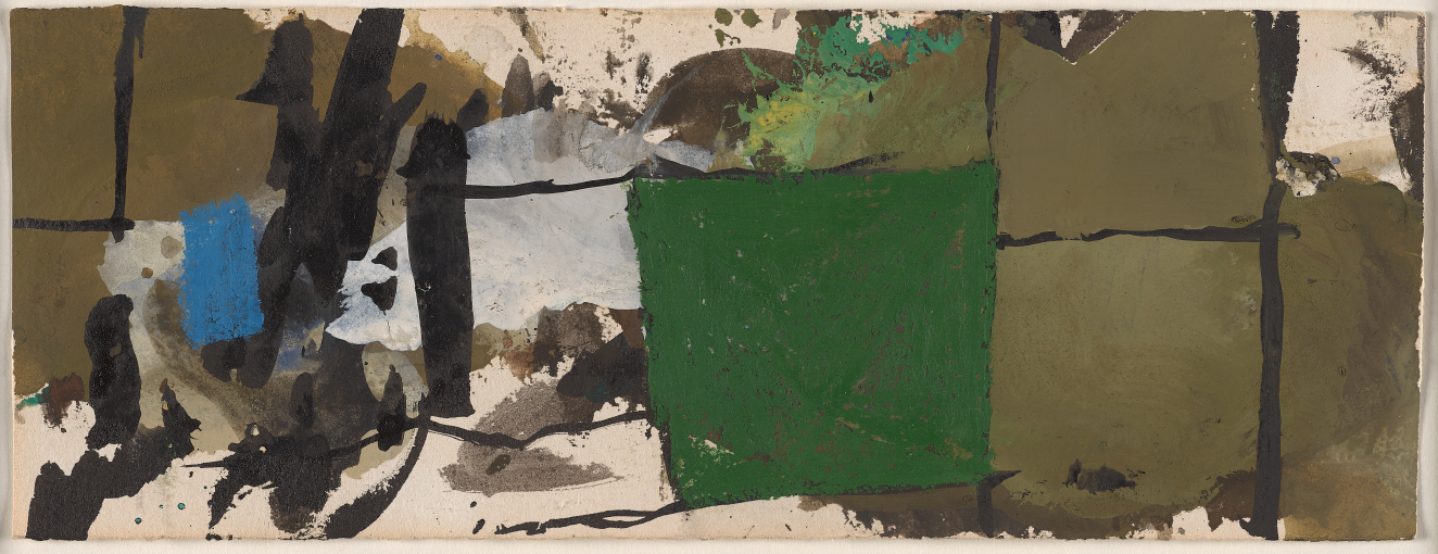 An abstract, vaguely grid-like composition of black lines and earthy green blocks disrupted by messy black brushstrokes, blue, white, and swaths of raw canvas. 