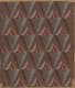 Brown wallpaper with alternate facing triangles repeated horizontally and vertically throughout. The upwards triangle is made of orange and blue blotchy lines  and downwards triangle out of jagged horizontal lines