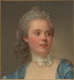 A portrait of a young woman gazing to the right edge, with powdered curls, a pearl hairpiece, a pale blue gown, and a delicate white neck bow.