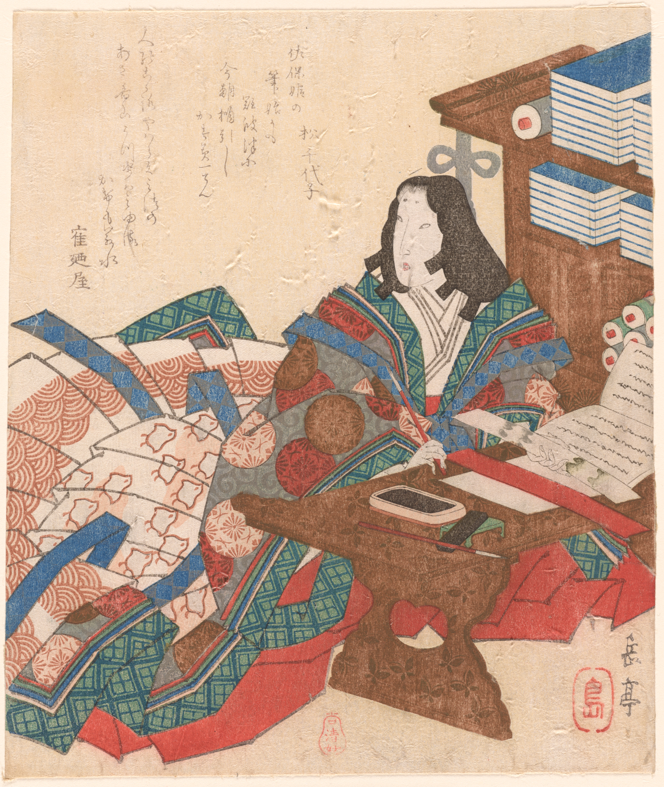 A seated figure in patterned robes writing on a low desk, surrounded by scrolls and stacks of paper. 