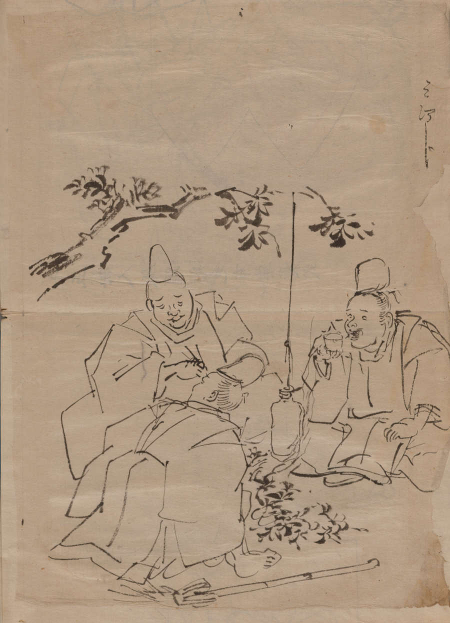 Ink sketch of men in traditional Japanese robes. The figures are sitting in a circle, seemingly in conversation under a branch with leaves, one figure is smoking a pipe.