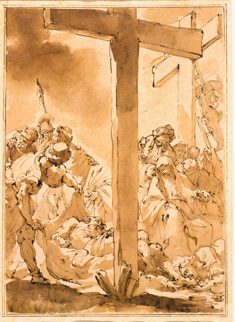A pen and ink with brown wash drawing of Christ’s body being taken down from the Cross by his followers and Mary. The Cross is centered in the drawing.