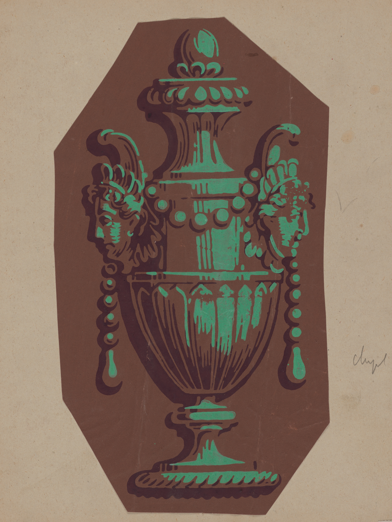 Ornamental design in brown with green accents on a neutral backdrop. Featuring an intricate vase with detailed faces for decoration on either side connected by a draped string of beads.