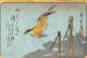 A soaring yellow bird with black wings dives through a blue sky, above wooden posts tied with rope. Calligraphy floats to the left.