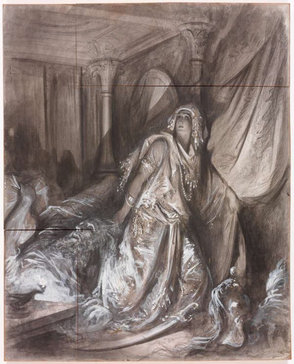 A dramatic black and white illustration depicting a woman dressed in elaborately draped robes, holding the detached head of a bearded man. The woman looks upwards solemnly.