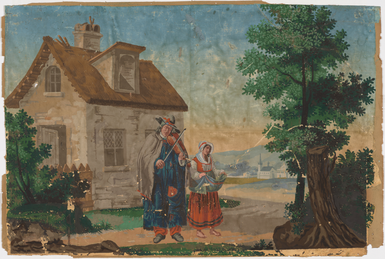 Aged print of a man and woman wearing layered clothing standing next to trees and a small cottage. The man plays fiddle and woman is barefoot holding a filled apron.
