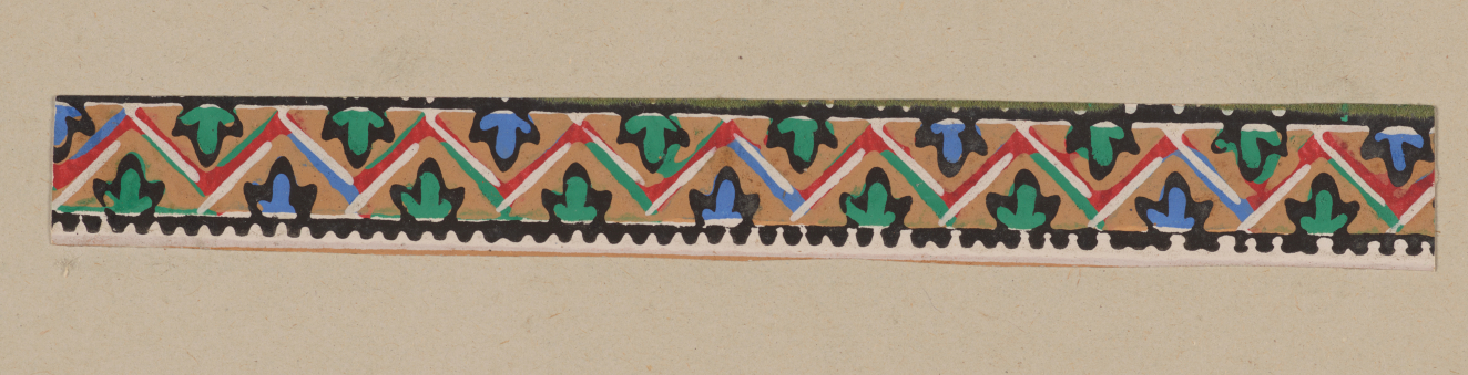 Thin horizontal strip featuring a vibrant geometric pattern with a red central zigzag surrounded by black outlined triangular forms in green and blue and black edges on a gold backdrop.