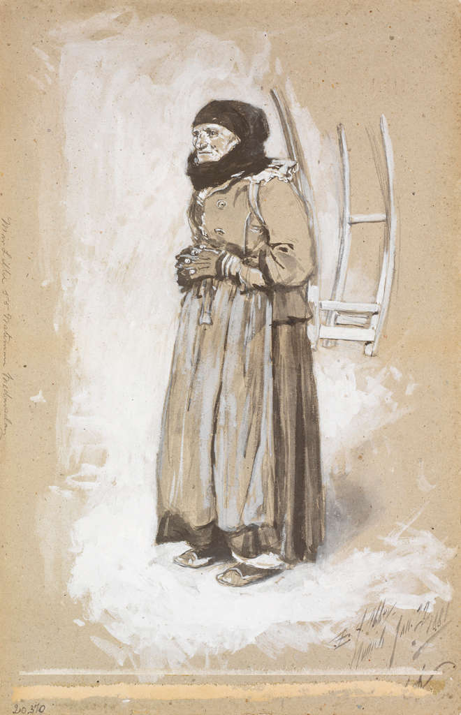 Old peasant woman standing, with gloved hands folded across her waist. She's wearing heavy clothing, scarf and hat.