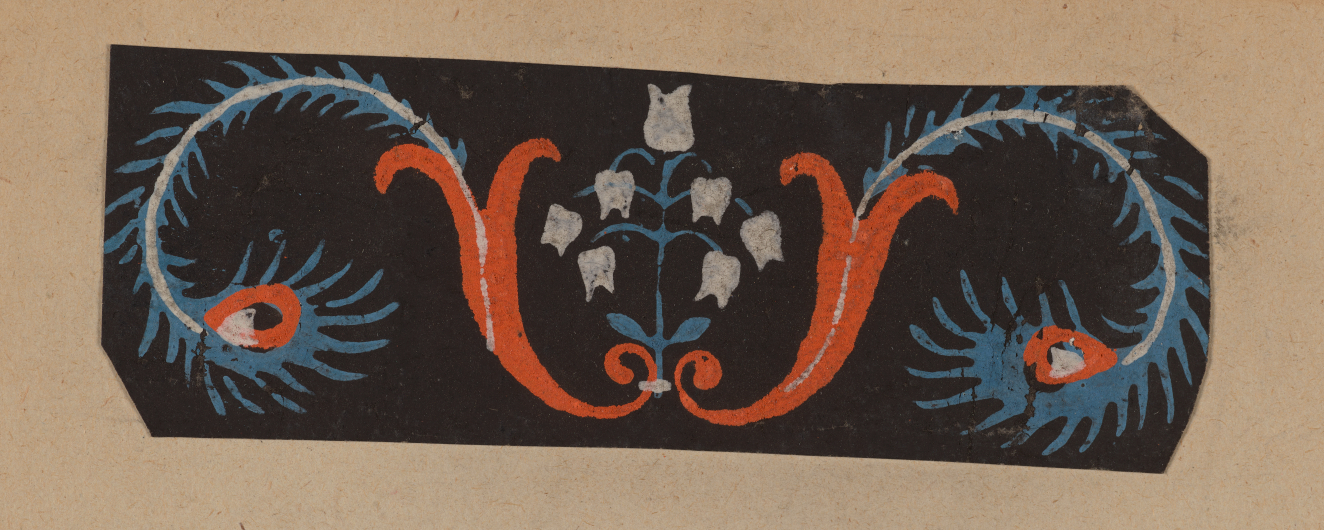 Black decorative design strip on a neutral backdrop. Features a central cluster of white flowers surrounded by symmetrical swirling florals in orange and feathered teal shapes with orange accents.