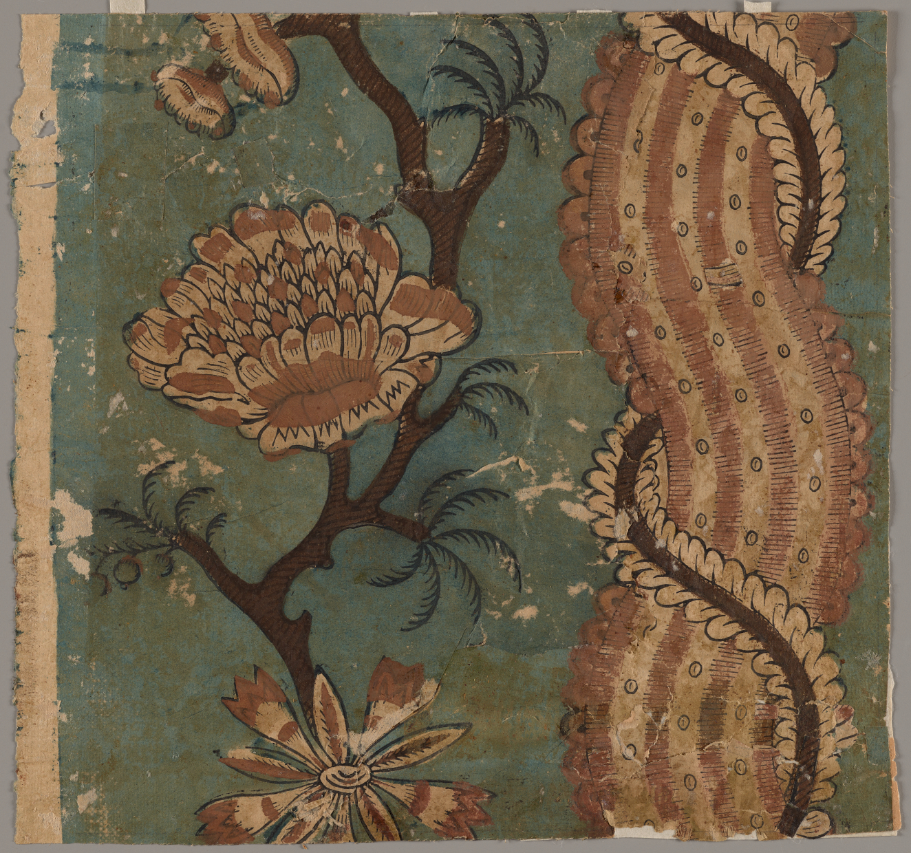 Segment of yellowed wallpaper featuring an undulating red and white motif bordered by intricate curved details; set against a faded blue backdrop. A botanical shape is placed below the curve.