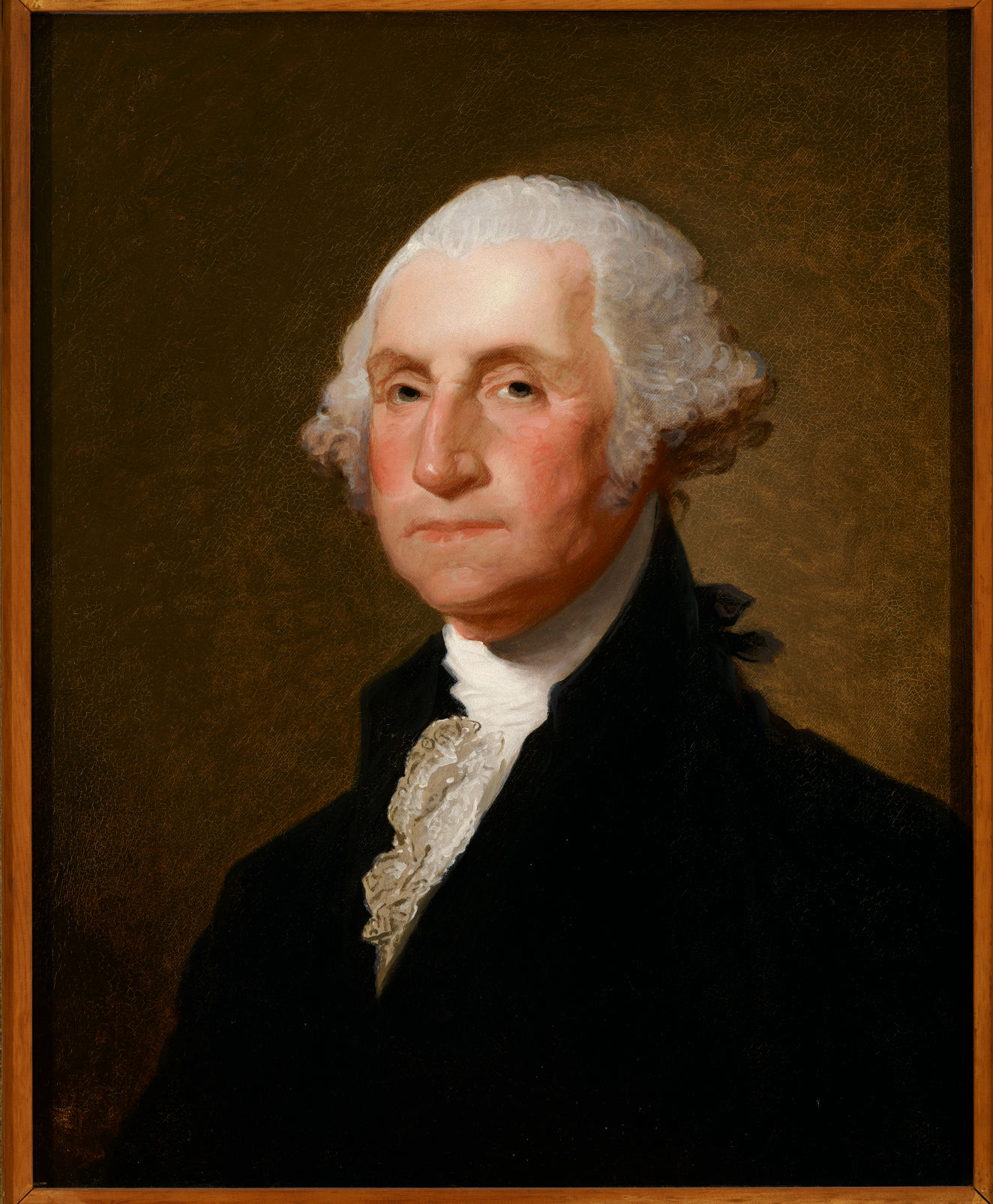 Portrait of a man with powdered white hair, dressed in formal black attire and a high white collar, looking forward with a neutral expression. 