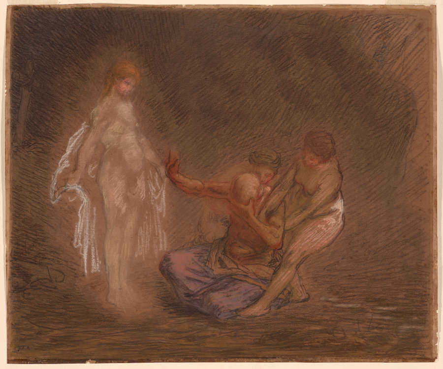 A pastel and chalk drawing of Saint Hilarion seated and covering his eyes as a glowing, nude light-skinned woman disrobes before him and two other women pull at his arms.