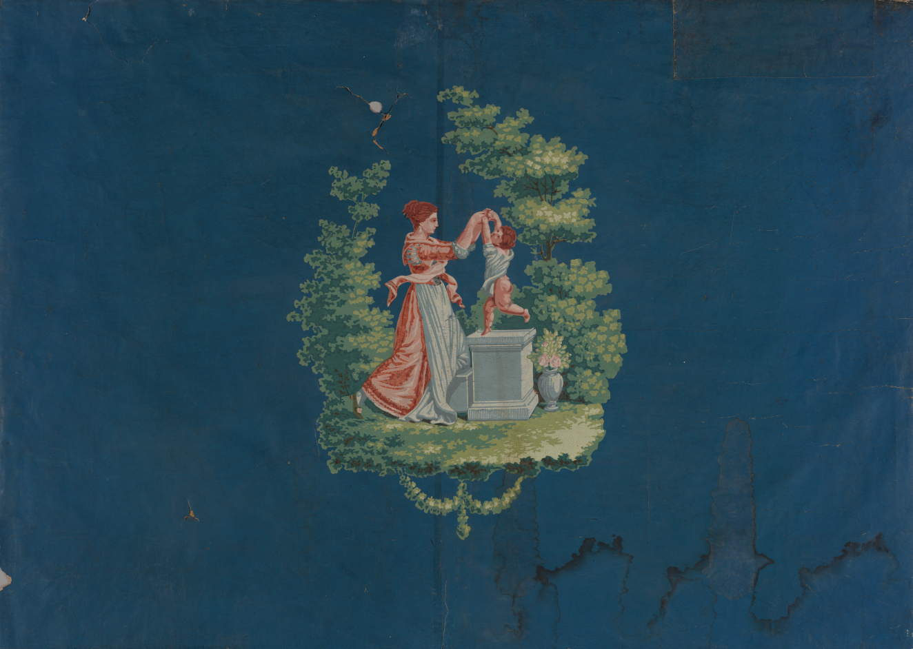Vignette of a woman in red classical attire dancing with a child standing on a white marble platform, set within a floating garden against a water stained dark blue field.