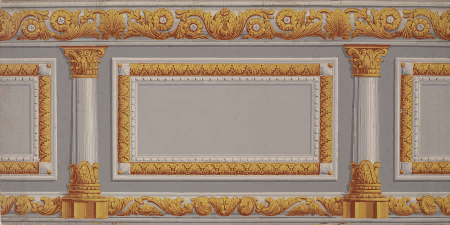 Wallpaper featuring an architectural frieze with ornate and extravagant Corinthian columns and foliage patterns with gold leaf detailing against a gray background.