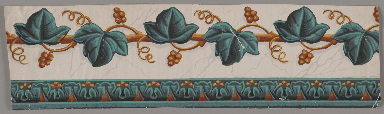 Dark green leaves on curling golden vines intertwining a horizontal gold pole, set above a section of intricate geometric teal patterns.