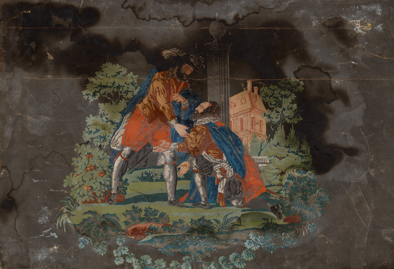 Scene depicting two men dressed in armor and finery within a garden and a distant estate. One man is kneeling before the other, who is helping him to his feet.