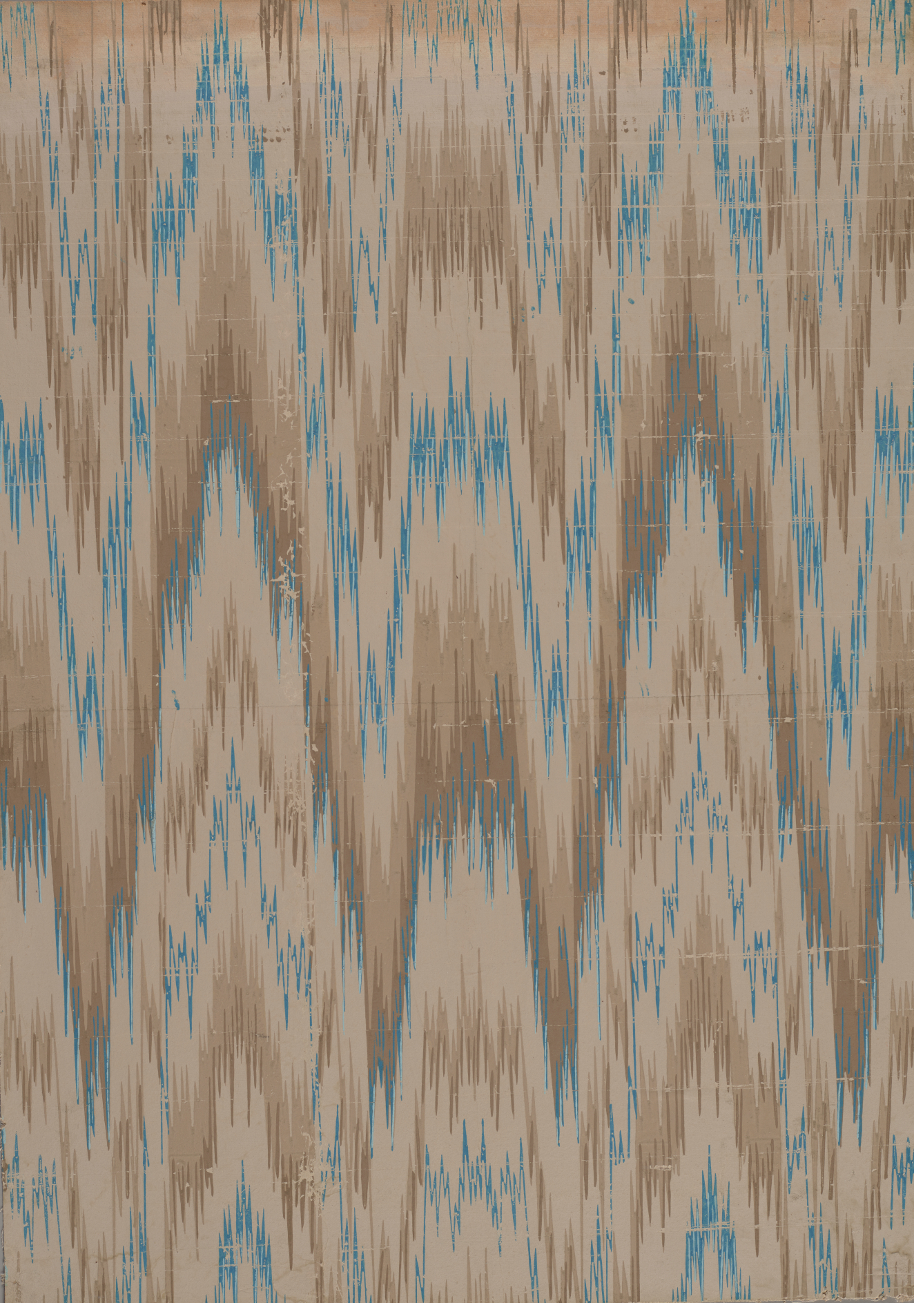 Scuffed wallpaper with multiple turquoise and brown-toned  jagged zigzag lines layered and repeated on top of a brown muted background.