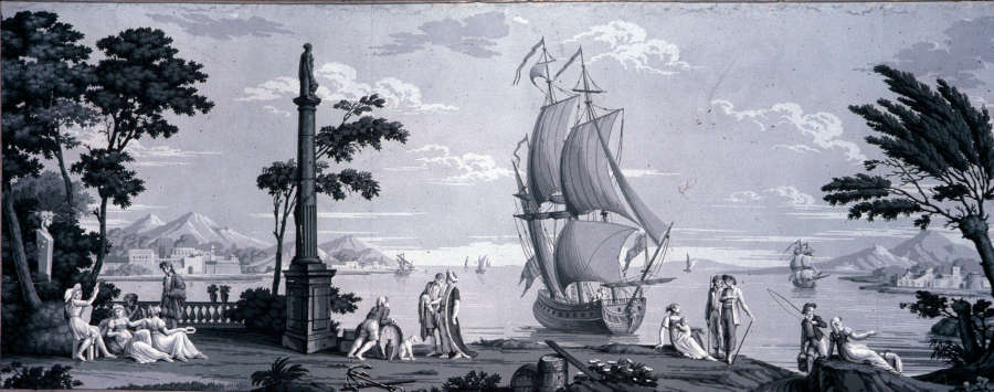 Gray-toned print of a seafront with boats coming to shore and figures socializing next to stone railings, pillared monuments, and trees.Mountains and a city  are on the horizon.